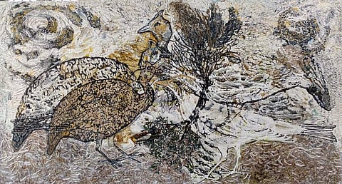 The Nature Whispers (Oil, acrylic, jute, leaf, cotton,  paper on canvas) 2018
