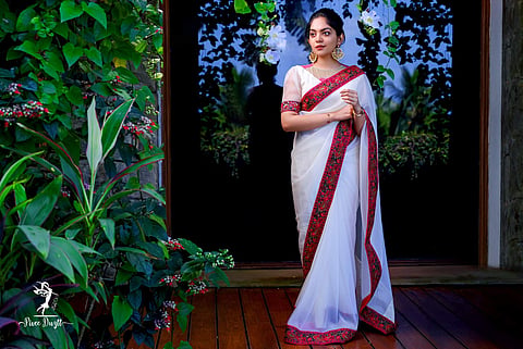Actor Ahaana Krishna wearing Kashmir embroidery sari
