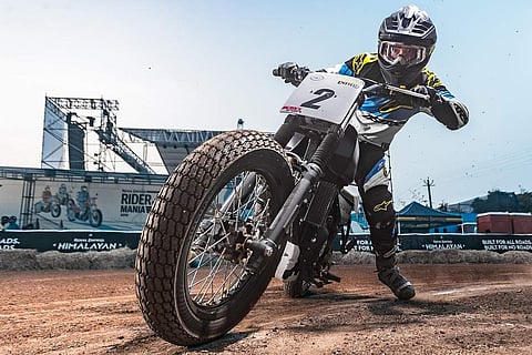 Flat track fun! Get a whiff of the action at the Royal Enfield Slide School.