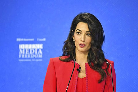Amal Clooney speaks during the Global Conference for Media Freedom at The Printworks in London, Wednesday, July 10, 2019. (Dominic Lipinski/PA via AP)