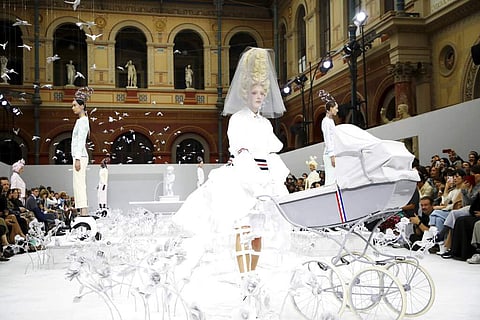 Models wear creations as part of the Thom Browne Ready To Wear Spring-Summer 2020 collection, unveiled during the fashion week, in Paris. (Photo by Vianney Le Caer/Invision/AP)