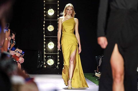 The latest fashion creation from Brandon Maxwell is modeled during New York Fashion Week, Saturday, Sept. 7, 2019, in the Brooklyn borough of New York. (AP Photo/Bebeto Matthews)