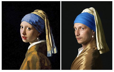 Vermeer's 'Girl with a Pearl Earring' and Vitaly Fonarev's recreation for the Izoizolyacia Facebook page. In lockdown, artists are recreating famous artworks for social media. (Vitaly Fonarev via AP)