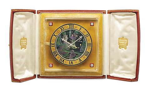 Christie’s presents 101 Cartier Clocks on auction on 1 July, at Four Seasons Hotel des Bergues, Geneva. In pic: Art deco mother-of-pearl, Rock crystal, coral & diamond desk clock. Est: US $14-190,000.