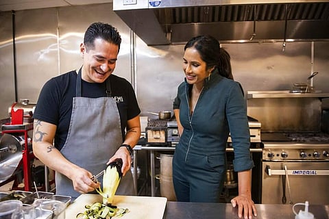 Emiliano Marentes and Padma Lakshmi (Dominic Valente/Hulu via AP)