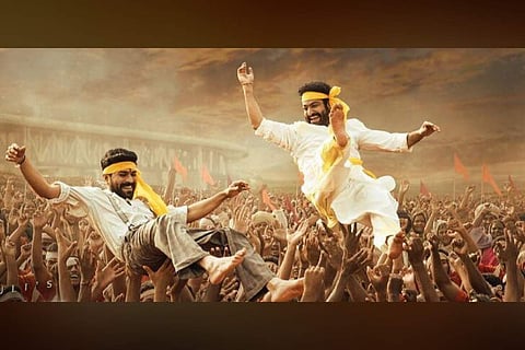 The new poster for RRR featuring Ram Charan and Jr NTR