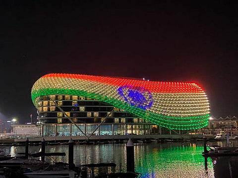 Yas Island at Abu Dubai displays the Indian flag on its grid shell light canopy