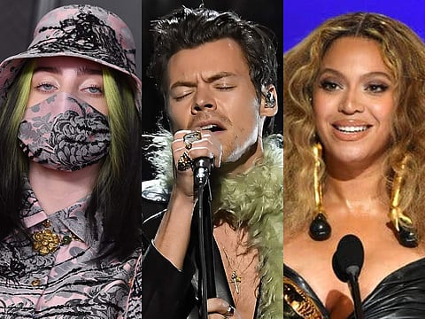 Billie Eilish (left), Harry Styles (centre), and Beyoncé (right) were all big winners at the Grammys 2021
