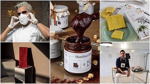 Anti-clockwise from L: Ether Chocolate's Prateek Bakhtiani, a raspberry ⁣number by the brand, chocolate elixirs by fair-trade label Toska Chocolates, Toska's Ishan Pansuria, vegan white bar