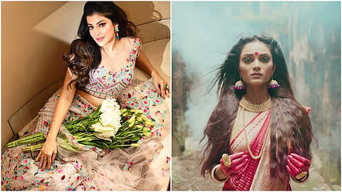 A floral gown by Youve (L) and an elaborate red sari from the Mriga Trishna line