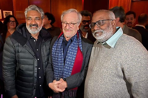 SS Rajamouli, MM Keeravani and  Steven Spielberg at a party in the US