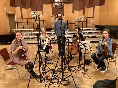 Vivek (centre, standing) with Russian musicians