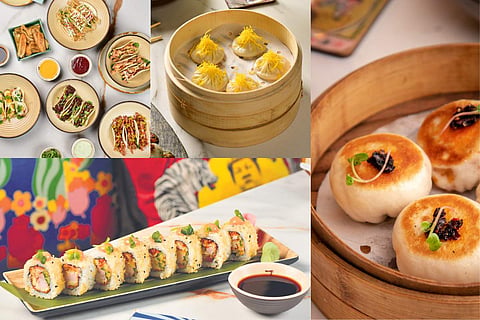 (Clockwise) Assorted Tacos Platter, and Chicken Katsu Roll. Pan Fried Chicken Bao,  Xiao Long Soupy Dim sum,