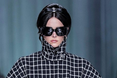 A model wears a creation as part of the Versace women's Spring Summer 2024 collection presented in Milan