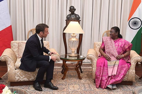 In frame:  Droupadi Murmu with Emmanuel Macron