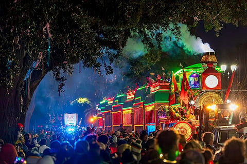 The Krewe of Orpheus Smokey Mary train makes its way up Napoleon Avenue in New Orleans