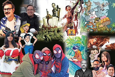 Artistes Dan Parent, John Layman, Alok Sharma, Roshan Kurichiyanil, Akshara Ashok, Roshan Kurichiyanil, Rajesh Nagulakonda, and Savio Mascarenas: Artworks by attending artistes and cosplayers