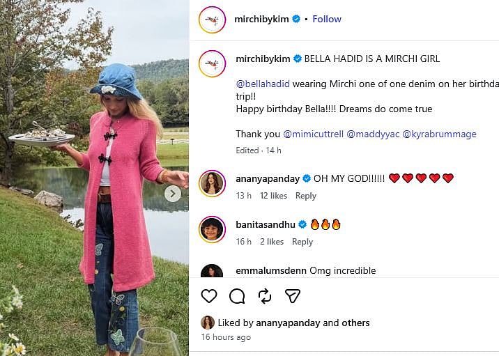 Bella Hadid wears Indian label Mirchi by Kim for her 30th birthday