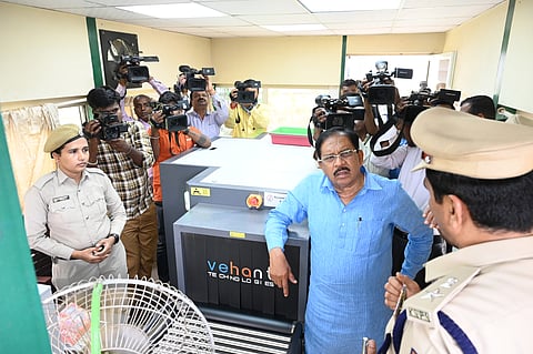 Home Minister Dr G Parameshwara inspects security features at Vidhana Soudha in Bengaluru on Friday.