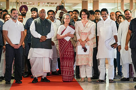 New Delhi: Congress President Mallikarjun Kharge with party leaders Sonia Gandhi, Rahul Gandhi, Priyanka Gandhi Vadra and others during the extended Congress Working Committee meeting, in New Delhi, Saturday, June 8, 2024.