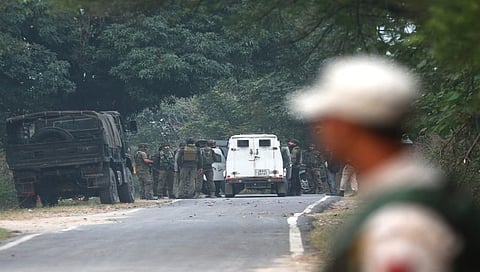 Army jawans near the site of the encounter between security forces 