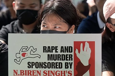 Kuki Students'' Organisation members protest at Jantar Mantar against the alleged genocide campaign against the Kuki-Zo on August 2024.