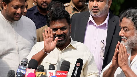 Sri Lankan President Anura Kumara Dissanayake leaves after casting his vote during the parliamentary election in Colombo