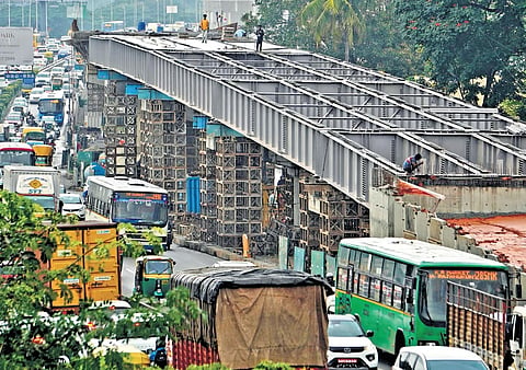 Ongoing construction work on Hebbal flyover in Bengaluru 