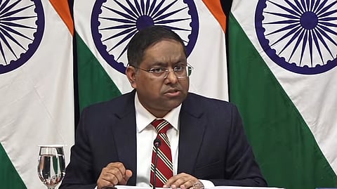 MEA Spokesperson Randhir Jaiswal addresses a press conference in New Delhi, Friday, Jan. 3, 2025.