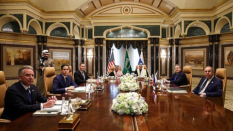 U.S. Secretary of State Marco Rubio, second left, meets with Saudi Foreign Minister Prince Faisal bin Farhan Al Saud, Saudi National Security Advisor Mosaad bin Mohammad Al-Aiban, U.S. National Security Advisor Mike Waltz, third left, U.S. Middle East envoy Steve Witkoff, left, Russian Foreign Minister Sergei Lavrov, right, and Russian President Vladimir Putin's foreign policy advisor Yuri Ushakov, second right 
