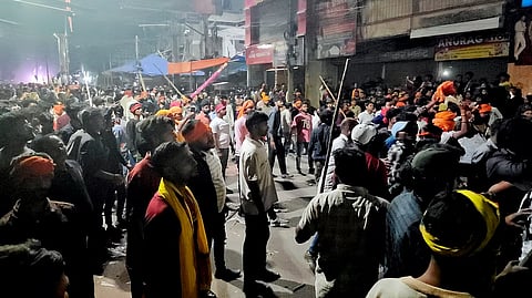 Two community groups clash during the second Mangala (Mangalwari) procession ahead of the Ram Navami festival, in Hazaribagh district of Jharkhand, Tuesday night.