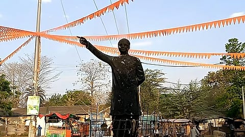The burned statue of former chief minister Biju Patnaik 