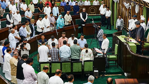 Jammu and Kashmir Chief Minister Omar Abdullah with MLAs observes silence to pay tributes to the victims of Pahalgam terror
