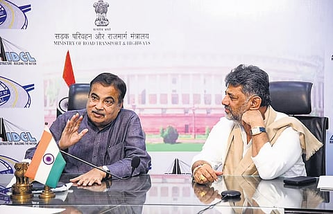 Union Minister of Road Transport Nitin Gadkari with DCM DK Shivakumar during a meeting on national highway projects in Karnataka, in New Delhi, Wednesday