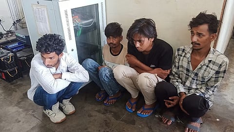 Raj Kushwaha (right), the alleged boyfriend of Sonam Raghuvanshi, seen in Meghalaya Police custody