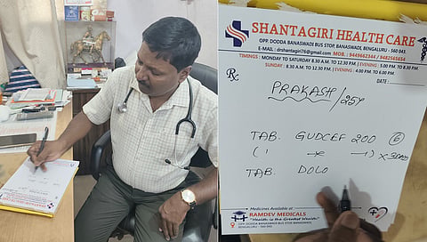Dr Shantagiri at his clinic; Medicine prescription written in capital letters