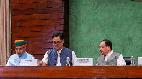 Union Ministers J.P. Nadda and Kiren Rijiju and Minister of State Arjun Ram Meghwal during the all-party meeting ahead of the Monsoon session of Parliament. 