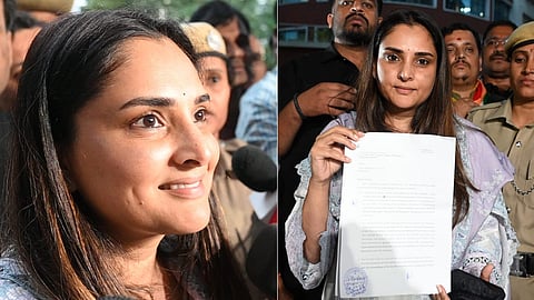 Film Actress Ramya arrived at Bengaluru City Police  Commissioner office to registr complaint in connction with Renukaswmay social media comments in Bengaluru on Monday.