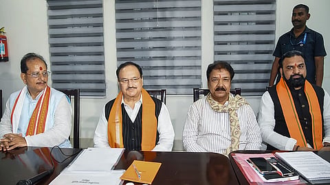 BJP National President JP Nadda with Bihar Deputy Chief Ministers Vijay Kumar Sinha and Samrat Choudhary and State BJP President Dilip Jaiswal 