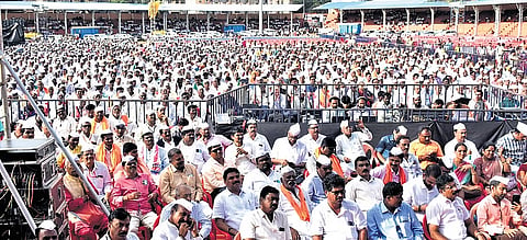 Thousands of people attend the Veerashaiva-Lingayat Ekata Samavesha in Hubballi on Friday