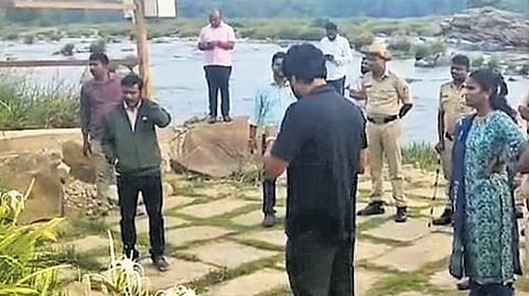 Officials cleared encroachments from a luxury riverside resort for violating buffer zone norms at Srirangapatna in Mandya on Wednesday 