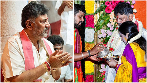 D K Shivakumar in Hasanamba temple 