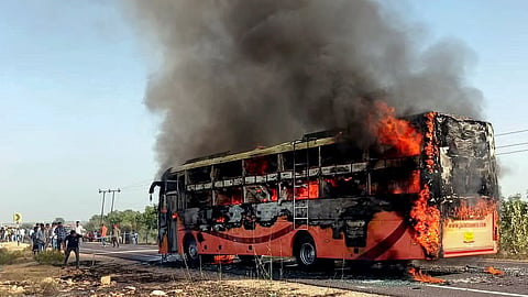 A bus traveling from Jaisalmer to Jodhpur catches fire, near Thaiyat village in Jaisalmer district, Rajasthan,