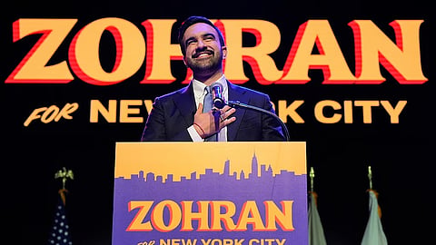 Zohran Mamdani speaks during a victory speech at a mayoral election night watch party