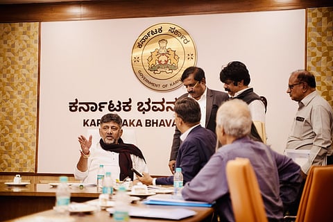 DCM D K Shivakumar discusses with advocates in Delhi Karnataka Bhavan 