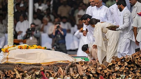 Ajit Pawar's wife Sunetra Pawar pay respects to the mortal remains of Maharashtra Deputy Chief Minister Ajit Pawar during his funeral, 