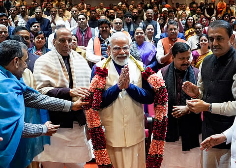 PM Narendra Modi, Defence Minister Rajnath Singh, BJP National President Nitin Nabin and others during the NDA Parliamentary Party meeting