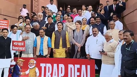 Opposition protest against India-US trade pact outside Parliament; call it a ‘trap deal’
