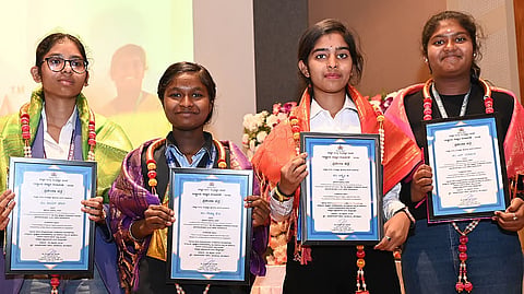 Young researchers Keerat Kaur, Reshma J V, Lakshmi G and S Yamini were felicitated at the National Science Day programme organised by the department of science 