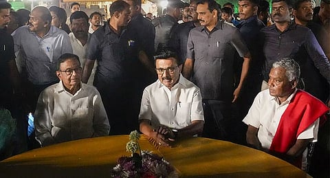 Tamil Nadu Chief Minister MK Stalin, center, with Congress leader P Chidambaram, left, and others during his daughter's wedding engagement ceremony 